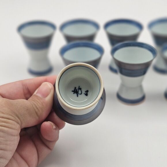 Japanese Hand Decorated Blue Silver White Sake Cups Set of 8 with Box - Picture 6 of 10